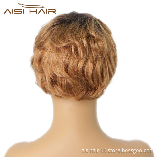 Aisi Hair Glueless Natural Kosher Wigs Brazilian In Dubai 150% Density Ombre Brown Pixie Cut Curly Wave Wig Human Hair